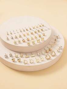 Metal Pearl Heart Bowknot Rhinestone Four-Leaf Flower Earring Set 30 Pairs - Yellow Gold - View 2