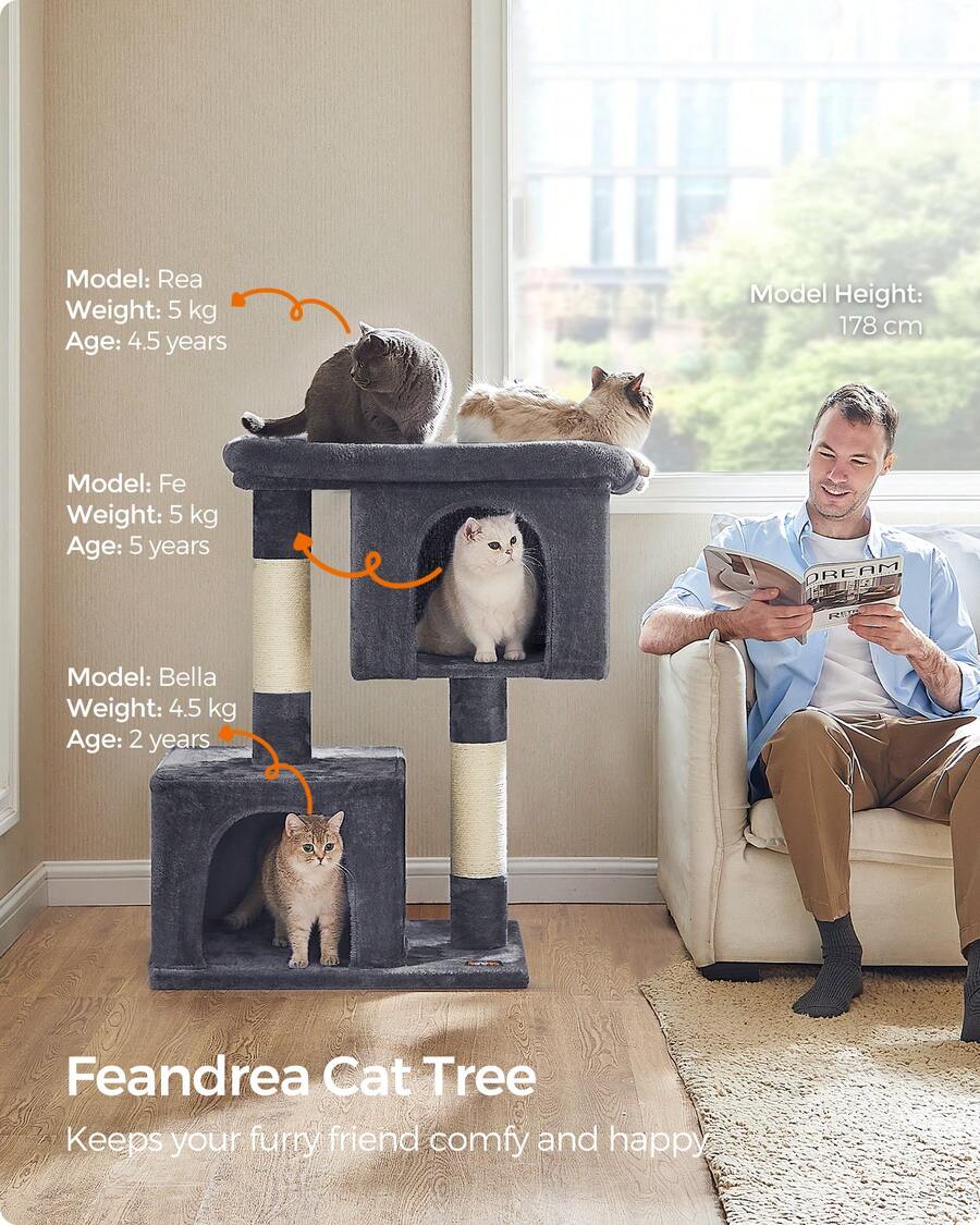 Feandrea Cat Tree, 101 Cm Cat Tower, XL, Cat Condo For Extra Large Cats Up To 20 Kg, Large Cat Perch, 2 Cat Caves, Scratching Post, Smoky Grey - 深灰色 - 查看 1