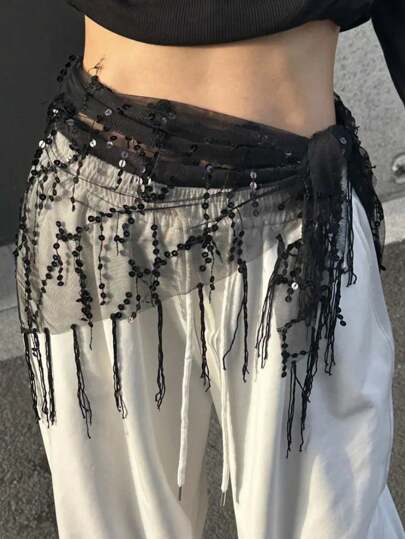 1pc Women's Belly Dance Costume Sequin Tassel Triangle Belly Dance Hip Scarf Women's Thai/Arabic Dance Skirt Belt