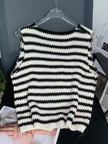 Women's Striped Knitted Cardigan With Button Deep V-Neck Vest