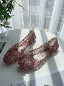 Women's Sandals, Shiny Jelly Hollow Fruit Design Beach & Home Flat Closed Toe Aqua Shoes, Soft Breathable Glitter Rose Pattern Sandals, Summer