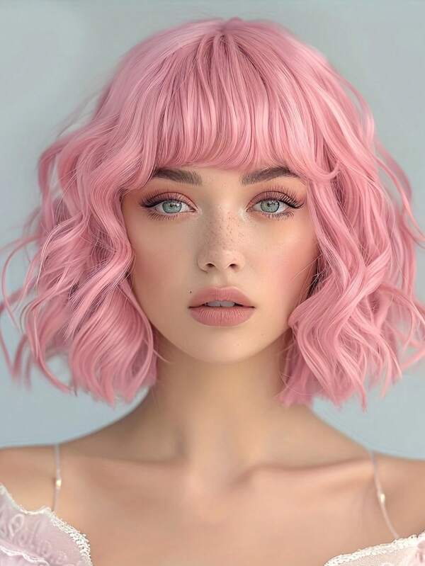 Women'S Pink Bob Wig With Bangs, Elegant Curly Wave, 150% Density, Rose Net Cap, Tanglon Silk, All Ethnicities, No Lace, Full Headpiece, Beauty & Personal Care, Hair Extensions & Accessories