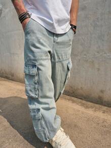 Jeans cargo para hombres con múltiples bolsillos y efecto desgastado, pantalones rectos informales