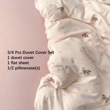 3/4pcs Pink Printed Bedding Set, Cute Rabbit & Bear Print Bedding Set For Girls, Cartoon Animal Soft Pink Bow Pink Heart Polyester Fabric Skin-Friendly Bedding Set (1 Duvet Cover + 1 Bedsheet + 1/2 Pillowcase, Without Filler)