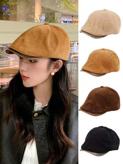 1pc Solid Color Retro Casual Polyester Brimmed Solid Color Beret Hat, Autumn/Winter Fashion Artist Cap Newsboy Cap