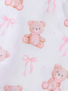 2pcs Girls Pajama Sets, Summer New Cute Teddy Bear Print Cardigan Shirt & Shorts Loungewear Homewear For Kids, Washable & Wearable Outside
