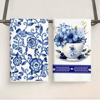 [2pcs Blue And White Porcelain Kitchen Towels] Contemporary Blue And White Porcelain Pattern Kitchen Towels, Polyester Dish Cloths & Dish Towels Set, Machine Washable, Oblong, Cartoon Floral Design, Knit Fabric, Quick-Drying, Lint-Free - Perfect For Dishwashing & Home Decor