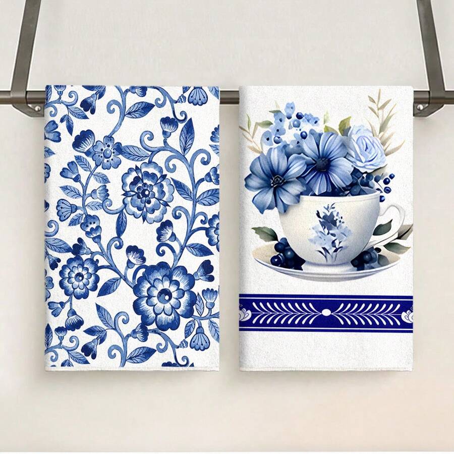 [2 Peças Toalhas de Cozinha de Porcelana Azul e Branca] Toalhas de Cozinha contemporâneas com Estampa de Porcelana Azul e Branca, Conjunto de Panos de Prato e Toalhas de Poliéster, Lavável em Máquina, Oblongo, Design Floral Cartoon, Tecido Tricotado, Secagem Rápida, Sem Fiapos - Perfeito para Lavar Louça e Decoração Doméstica