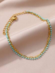 波西米亚风彩色流苏不锈钢沙滩脚链，18K 镀金防褪色防水双层链脚链，海滩度假珠宝配饰，送给母亲/挚友的完美礼物 - 不銹鋼 - 查看 10