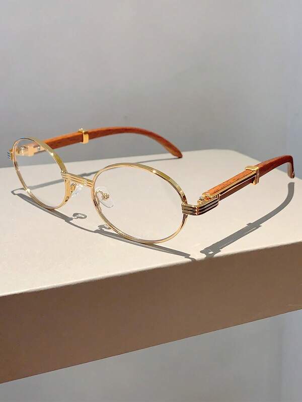 New Vintage Oval Frame Fashion Glasses, Design With Faux Wood Grain Temples For Summer Beach Vacation, Outdoor, Travel
