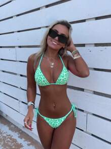 Conjunto de bikini sexy con tiras en el cuello con estampado de leopardo para playa y resort, verano 2025