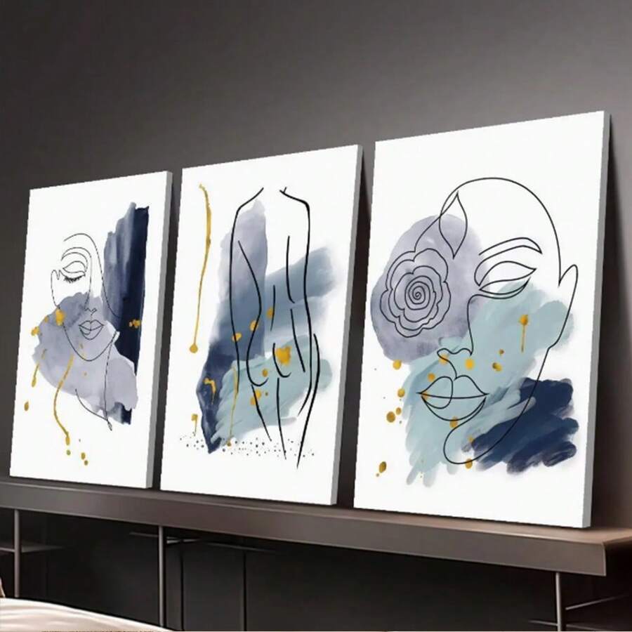 现代风格帆布印刷装饰画，海军蓝和金线女性画，用于室内家居墙面艺术装饰，无框或有框画 - 多色 - 查看 1