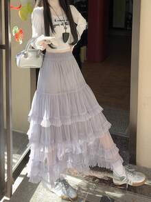 分层透视网眼 A 字裙，高腰喇叭蓬蓬裙款式，修身版型，适合 2025 年春夏 - 灰色 - 查看 4