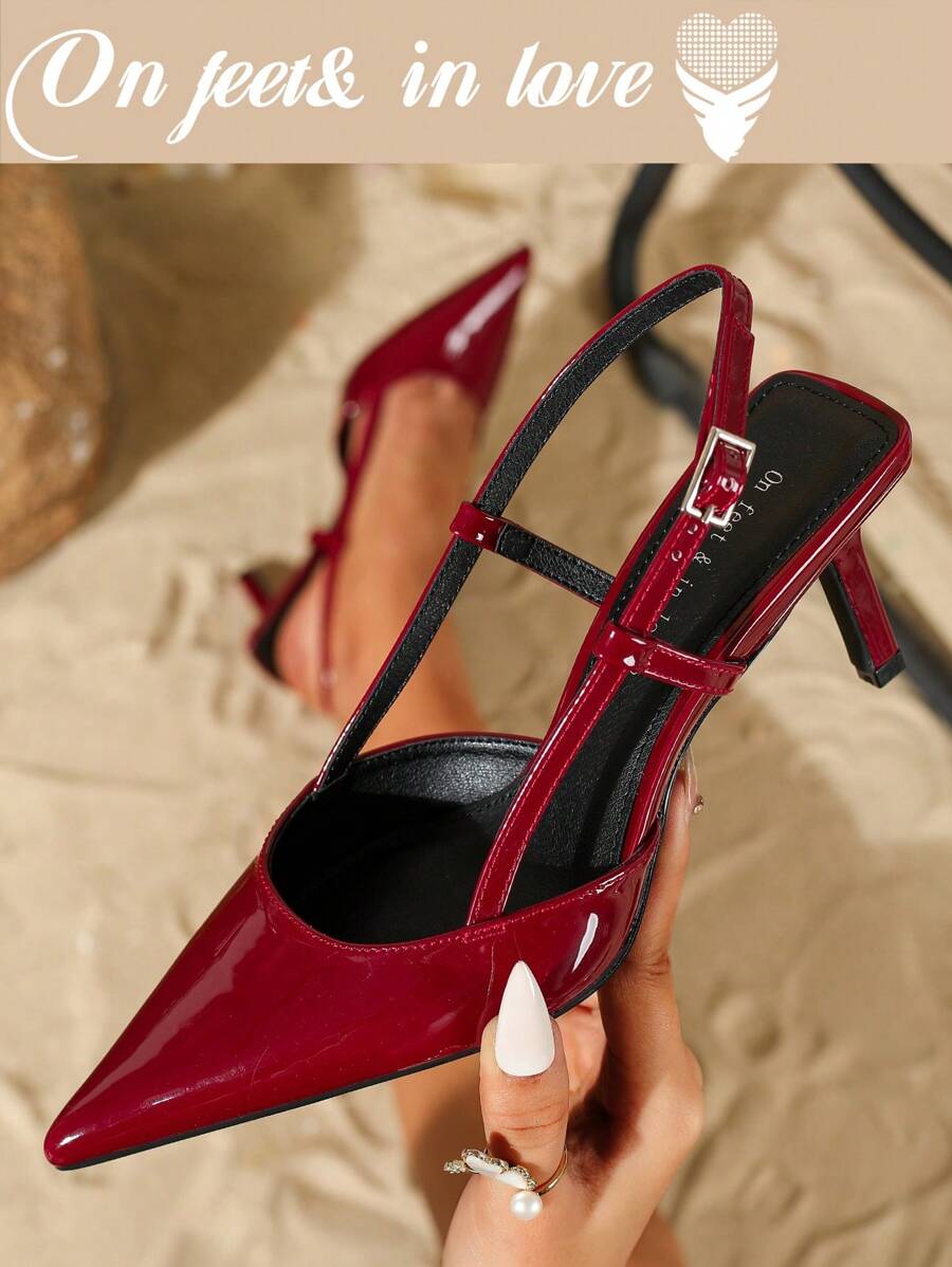 On feet& in love Women's Fashionable Elegant Pointed Toe Slingback Thick High Heel Pumps, Suitable To Pair With Dresses