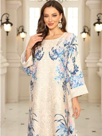 Women's V-Neck Long Dress, Regular Fitting, All-Over Print, 75D Stretchy Fabric, Glittery, Beaded Neckline, Elegant, Abaya Jalabiya Style Robe, Modest