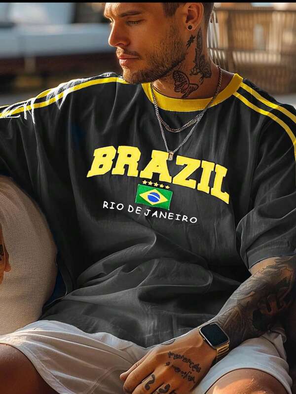 2025 Men's Solid Color Striped Fashionable Brazil Flag Graphic Short Sleeve Casual T-Shirt, Spring/Summer