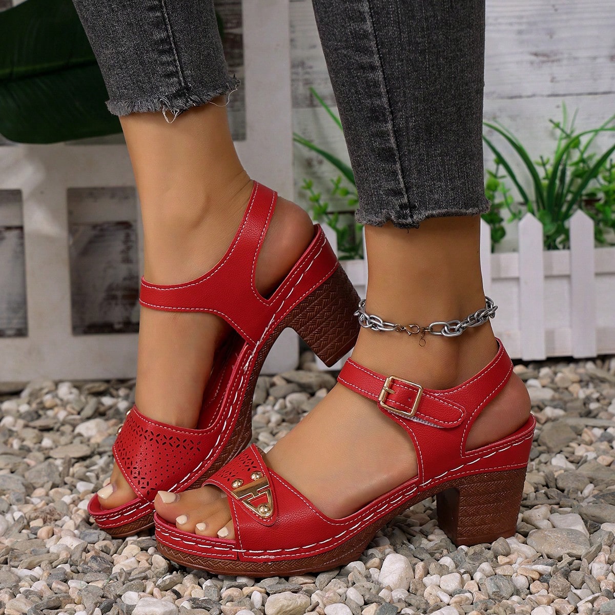 Sandalias de tacón alto con plataforma de estilo francés, de moda casual y con diseño calado y transpirable para mujer