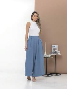 WOMEN'S PANTS, WIDE LEG, HIGH WAIST, PANTALONA - Dusty Blue - View 3