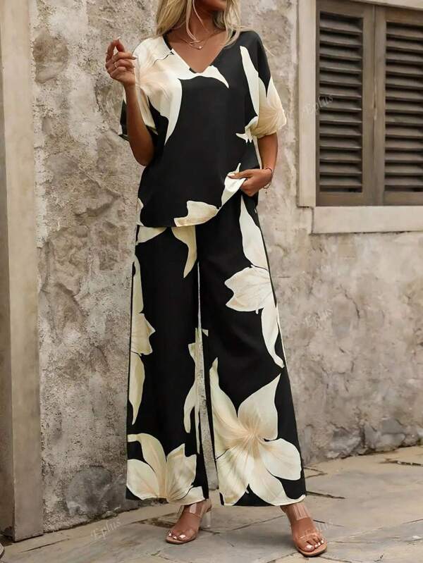 2025 European & American Style Floral Print V-Neck Belted Casual 2Pcs Set