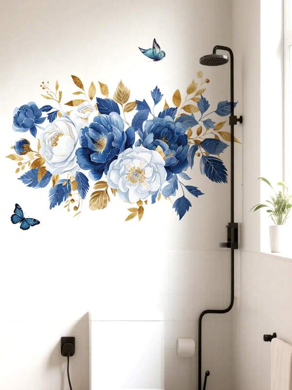 Adesivo de parede para banheiro com padrão floral azul de 1 peça