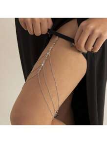1 pieza Cadena de muslo geométrica con rhinestones y flecos para mujer, arnés de cadena corporal de metal para la pierna