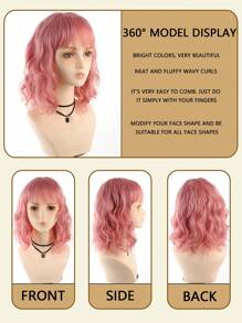 Women'S Pink Bob Wig With Bangs, Elegant Curly Wave, 150% Density, Rose Net Cap, Tanglon Silk, All Ethnicities, No Lace, Full Headpiece, Beauty & Personal Care, Hair Extensions & Accessories Daily Parties, Halloween And Role-Playing