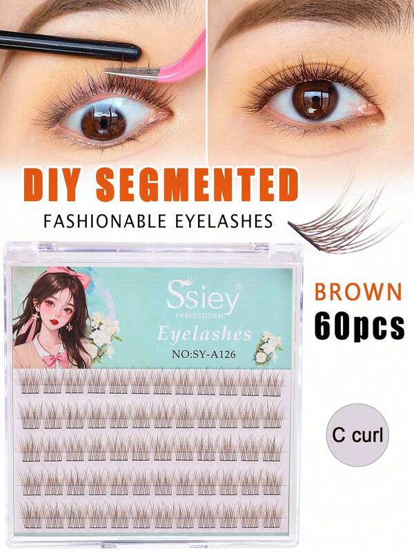 1 Box 60pcs 0.07C Curl Brown Self-Lash Mermaid Segmented False Eyelashes, DIY Makeup Essential For Fashion Enthusiasts
