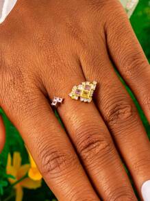 9pcs Delicate Sparkling Copper Electroplated 18K Gold Cubic Zirconia Colorful Geometric Heart Shaped Ring Set, Women Stacking Rings, Knuckle Rings, Daily Jewelry, Gift For Friends