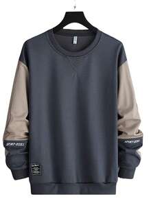 Sudadera informal de polar con cuello redondo para hombre, suéter sencillo con bloques de color para hombre, sudadera holgada con forro y bloques de color para hombre con un forro interior cálido, parte de nuestra colección otoño/invierno, adecuada para viajes y uso diario. - Gris - Ver 5