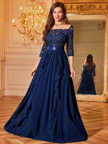 MIUSOL Đầm maxi dự tiệc trang trọng, đầm dạ hội, đầm dự tiệc, đầm cưới, đầm dự lễ tình nhân, đầm mùa xuân, phối ren hoa đính sequin, cổ vuông, tay lỡ 3/4, chất liệu chiffon, xếp ly bồng bềnh, viền bèo nhún. - Màu xanh hải quân - Xem 6