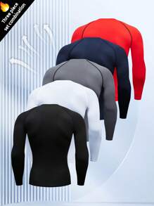 5pcs/Set Men's Compression Long Sleeve Shirts, Stretchy For Fitness, Running, Outdoor Sports Casual