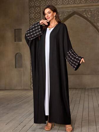 One Piece Women's Batwing Sleeve Embroidery Open Kimono Abaya Muslim Kaftan Dress Islam Robe Outwear Long Coat, Modest