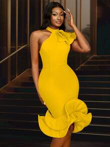 Vestido de fiesta elegante amarillo con volantes estilo halter y cola de sirena para dama - Ideal para Pascua, San Valentín, cumpleaños, boda, graduación, cena, regreso a casa, cita, fiesta, dama de honor, invitada de boda, graduación - Amarillo - Ver 4