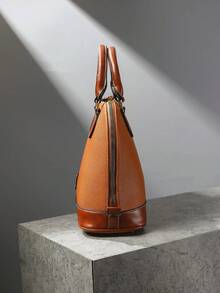 Refined Top Handle Zipper Satchel, Fashion-Forward Womens Textured PU Leather Bag For Everyday Style,Timeless Vintage Western Handbag - Eye-Catching Colorblock Design - Brown - View 3