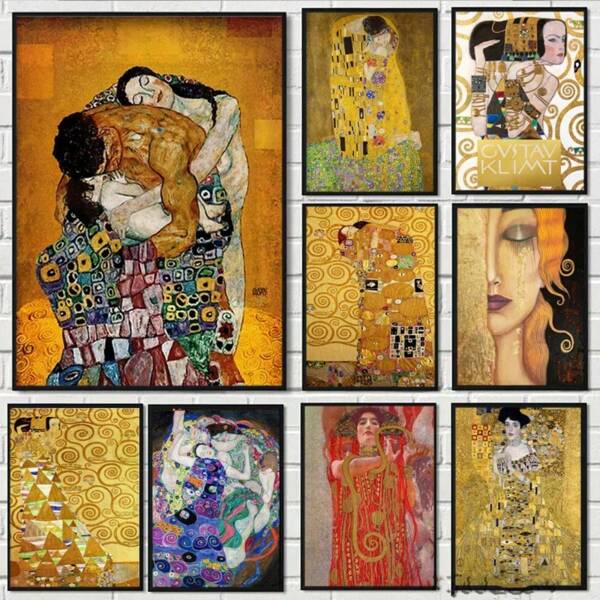 1pc /3PCS Wall Arts Posters Optinal Frame Vintage Classic Gustav Klimt Family Famous Canvas Painting Tear Kiss Gold Modern Poster Printed Wall Art Painting Suitable For Room Decoration Painting Frameless ,Wall Art With Frame