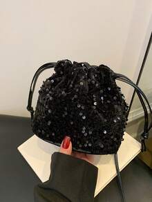 1pc Sequins Sequin Drawstring Bucket Bag Crossbody Shoulder Bag For Women, Fashion - Black - View 8
