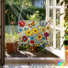 1 Piece Of Beautiful Flowers With Butterflies Flying, 2D Flat Square Color Film Acrylic, Colorful Light, Suitable For Outdoor Garden Sun Catcher, Living Room, Bedroom, Indoor Wall Art Hanging Decoration, Suitable For Family And Friends As Housewarming Gifts, Daily Gifts, Anniversary Gifts And So On