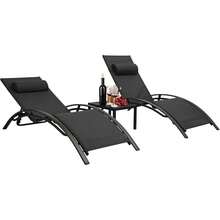 Lot de 3 transats de jardin, transats, transats de jardin extra larges avec table basse, transats, cadre entièrement en aluminium, chaise longue ergonomique en forme de S, convient pour jardin, piscine, plage, gris - Noir - Voir 8