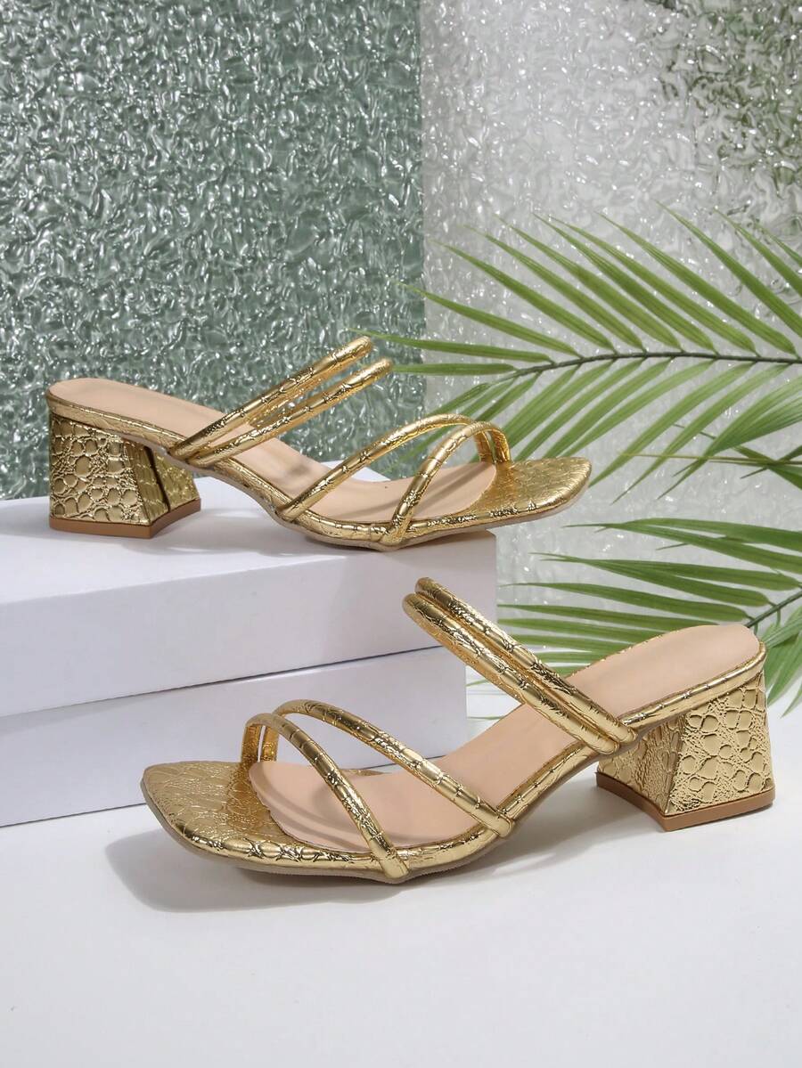女士新款时尚高跟凉鞋，百搭金色绑带双绑带露趾方头粗跟凉鞋，春夏穿搭