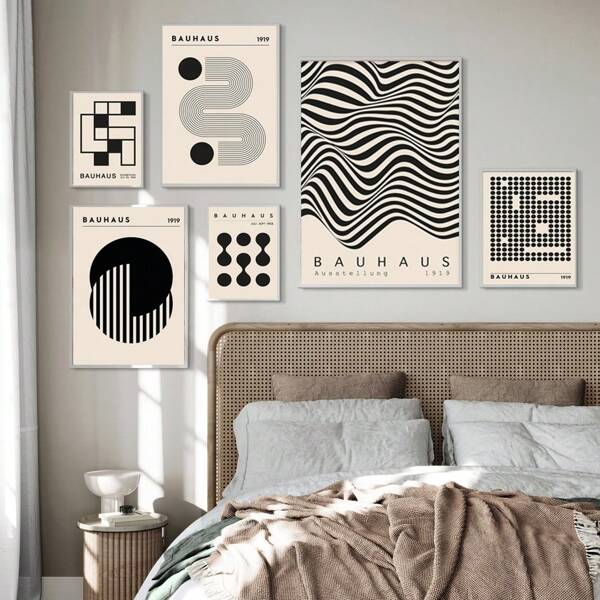 1/3pcs Bauhaus Exhibition Posters, Medieval Bauhaus Wall Arts Optional Frame, Modern Geometric Art Murals, Minimalist Black Beige Art Decorative Paintings ,Wall Art With Frame