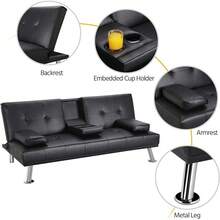 Sofa Bed, Artificial Leather, 3-Seater Sofa, Sofa Living Room/Spare Room/Guest Room, Bed Backrest And Cup Holder Black - Black - View 3