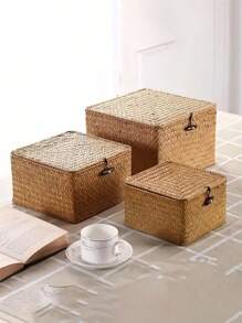 1 pieza Cesta de almacenamiento rectangular y cuadrada tejida con tapa, adecuada para salas de estar, dormitorios, baños, cocinas y fiestas festivas