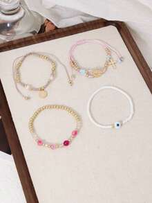 4pcs Elegant Gold-Color CCB Beads Cross & Virgin Mary Pendant Bracelet Set, Mixed Crystal Beads Multilayer Stretch Charm Bracelet Suitable For Women, Daily Wear, Vacation, Party, Fashion Jewelry Gift - Multicolor - View 2