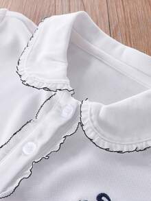 Girls' Elegant Casual Polo Shirt, Peter Pan Collar Embroidered Short Sleeve T-Shirt, White, Summer New Tween Girl Clothing - White - View 3