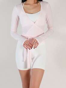 Women's Ballet Wrap Tops V Neck Long Sleeve Slim Fit Self Tie Workout Pilates Yoga Wrap Tops Y2k Dance Shirt - 粉色 - 查看 4