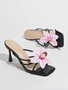 planare 女士时尚休闲优雅方头花卉装饰一脚蹬舒适 PU 平底凉鞋，适合夏季日常、通勤、约会、派对、婚礼，可搭配连衣裙 - 黑色 - 查看 6