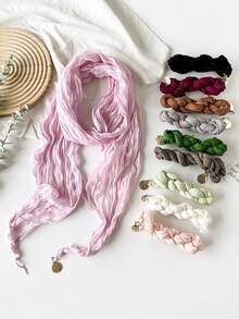1pc Spring/Summer New French Elegant Ruched Scarf, Lightweight Satin Cloud Pattern Metal Decor Neckerchief Shawl - Multicolor - View 12
