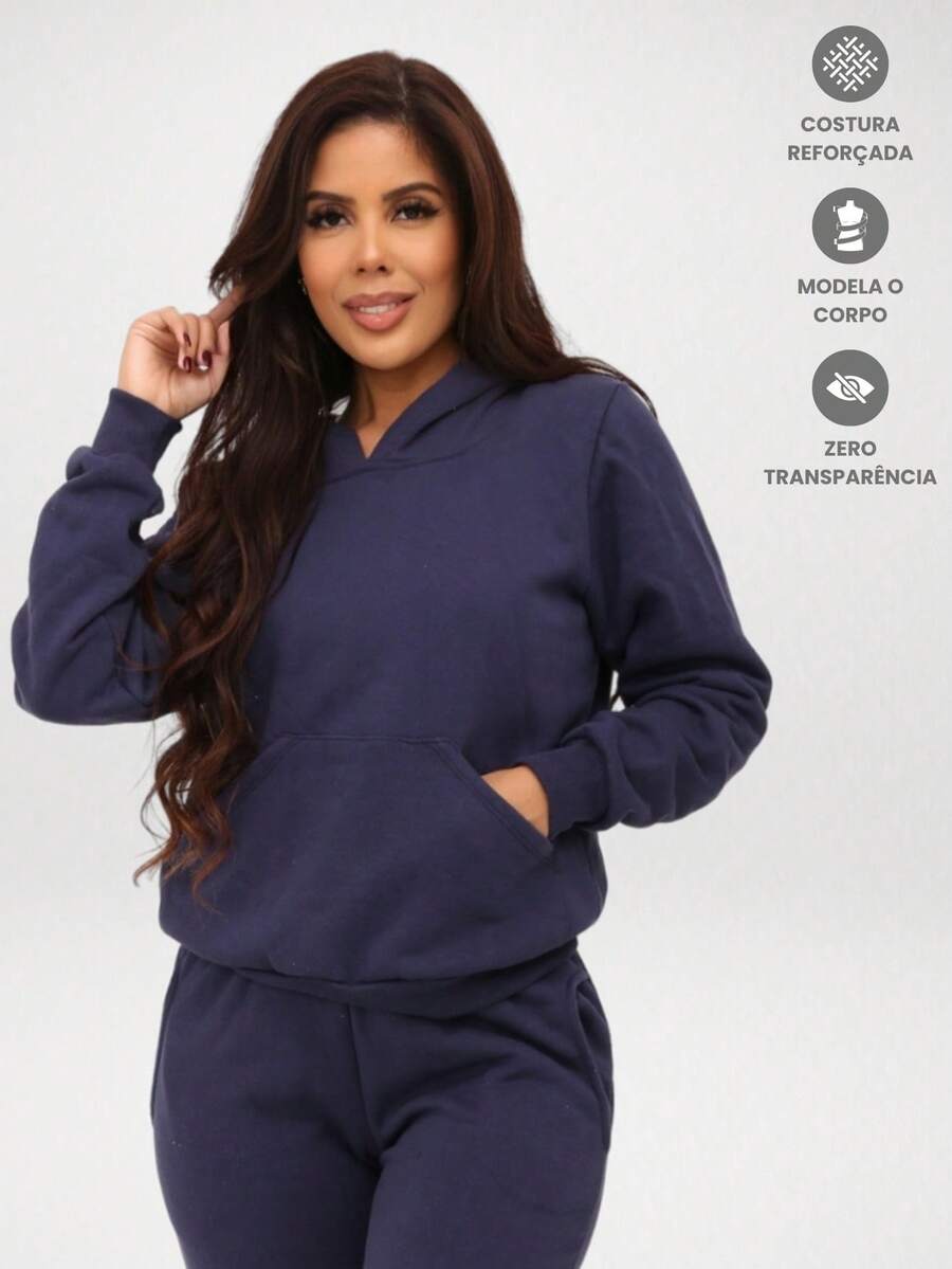 Women's Flannel Kangaroo Sweatshirt - 藏蓝色 - 查看 1