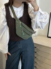 Fashionable Solid Color Zipper Side Pocket Casual Chest Bag, Suitable For Shopping, Wallets, Shopping, Young Women, College Students, Newcomers, White-Collar Workers. They Are Very Suitable For Offices, Universities, Work, Business, Commuting, Outdoor Activities, Travel, And Outings - Green - View 4
