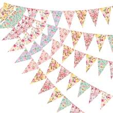复古山茶花主题三角旗花旗拉旗装饰横幅布置道具生日派对用品挂纸挂饰床帘帐篷拉条婚庆派对墙面装饰 - 彩色 - 查看 2